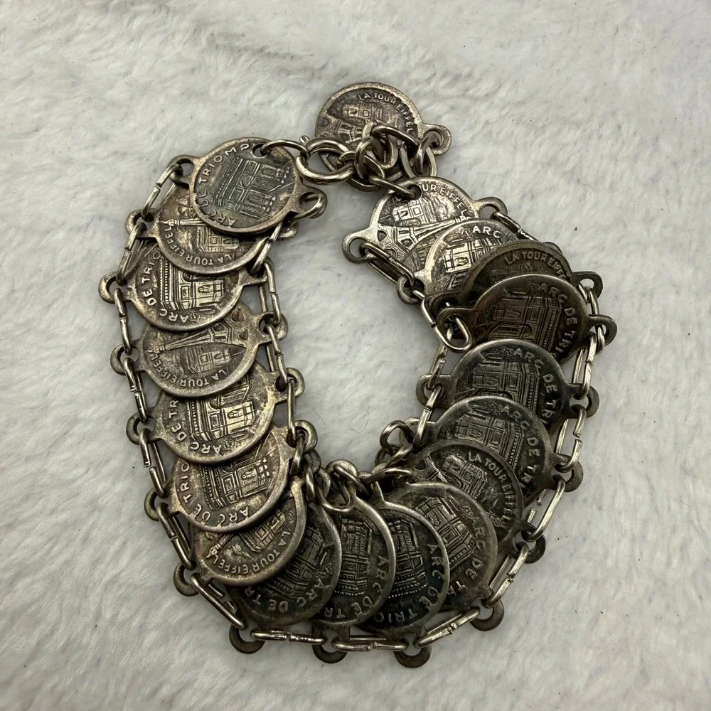 Vintage Paris Souvenir Bracelet Silver Tone Eiffel Tower Arc De Triomphe 8